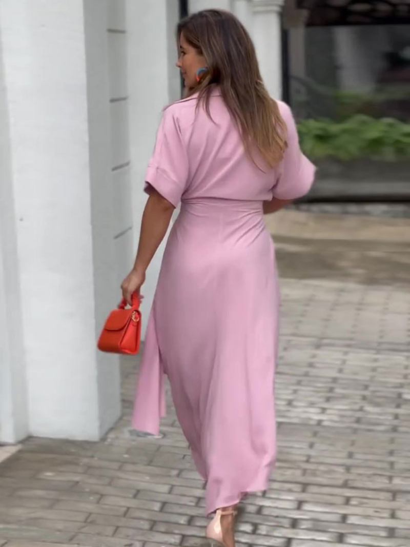 Camisa Feminina Vestido Midi Rosa Gola Aberta Plissada Manga Curta Vestidos Em Camadas - Rosa