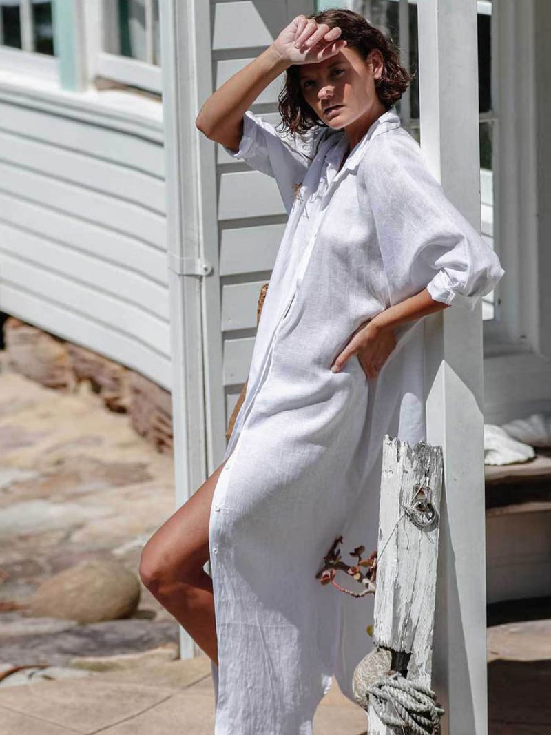 Mulheres Cover Ups Botões Brancos Turndown Collar Meia Manga Baixa Fenda Verão Sexy Fatos Natação - Branco