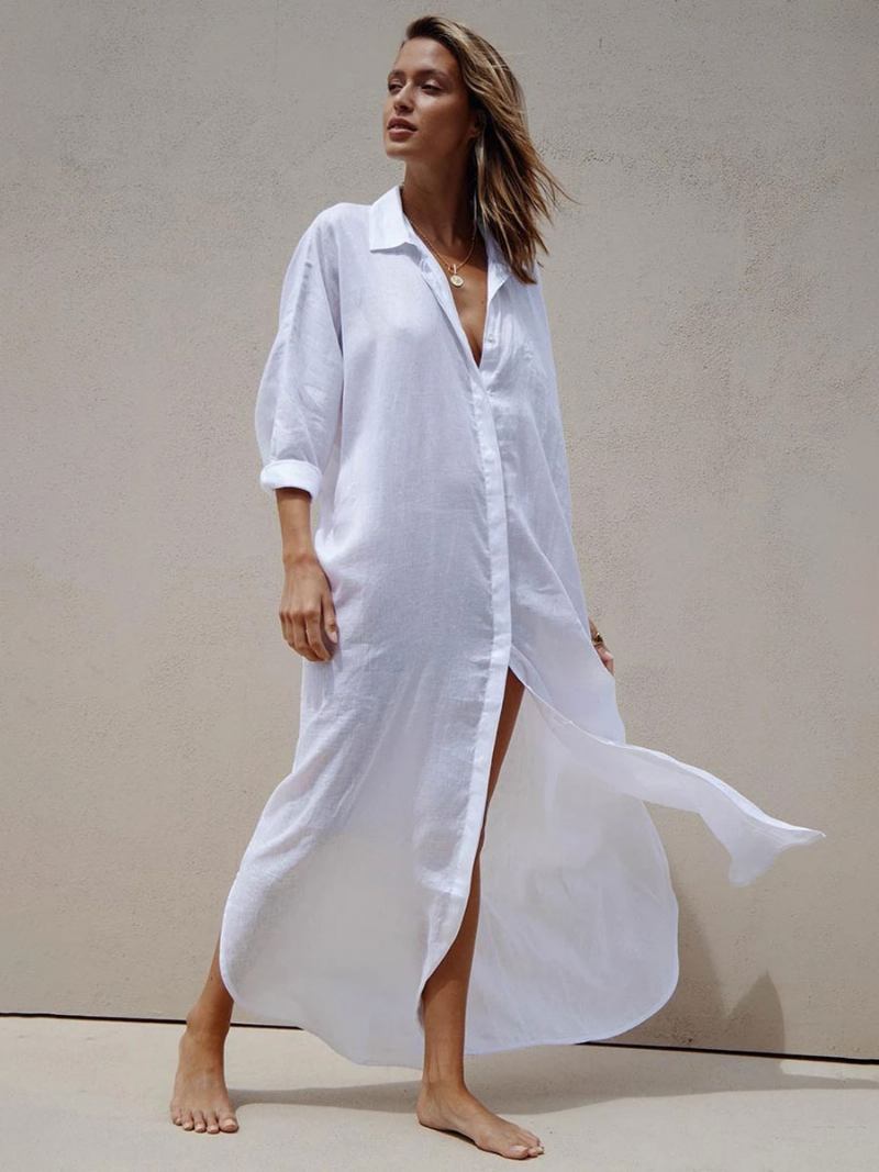 Mulheres Cover Ups Botões Brancos Turndown Collar Meia Manga Baixa Fenda Verão Sexy Fatos Natação - Branco