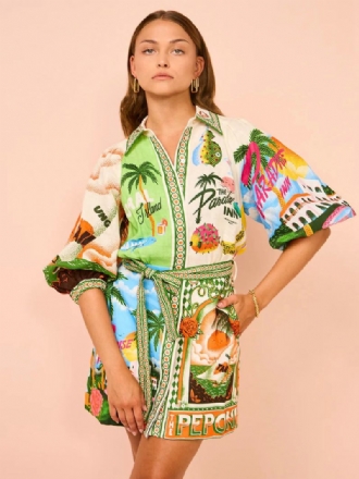 Vestido Camisa Feminino Com Estampa Plantas Tropicais Cinto Resort Vestidos Curtos Casuais