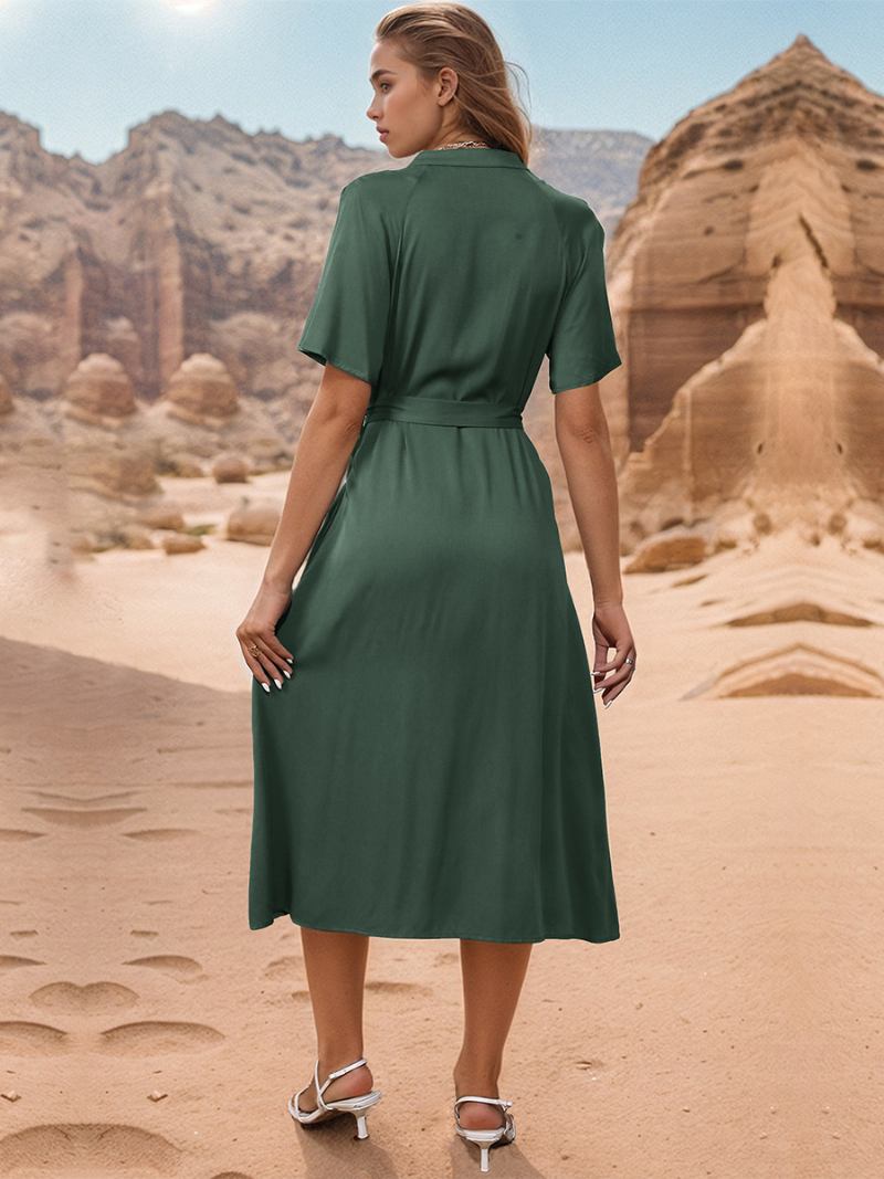 Vestido Camisa Feminino Mangas Curtas Com Cinto E Detalhes Botões Vestidos Midi Verão - Caçador Verde