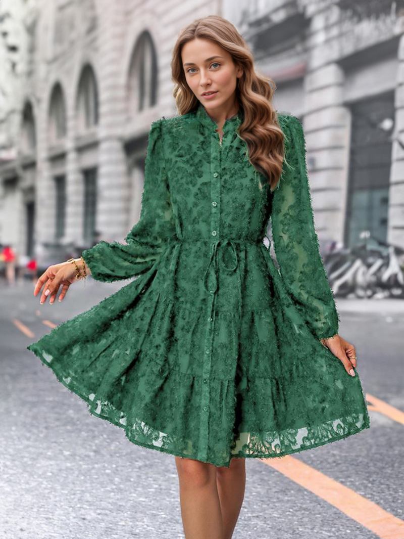 Vestido Feminino Bordado Floral Marinho Escuro Botões Com Cinto Vestidos Curtos Casuais - Verde Escuro