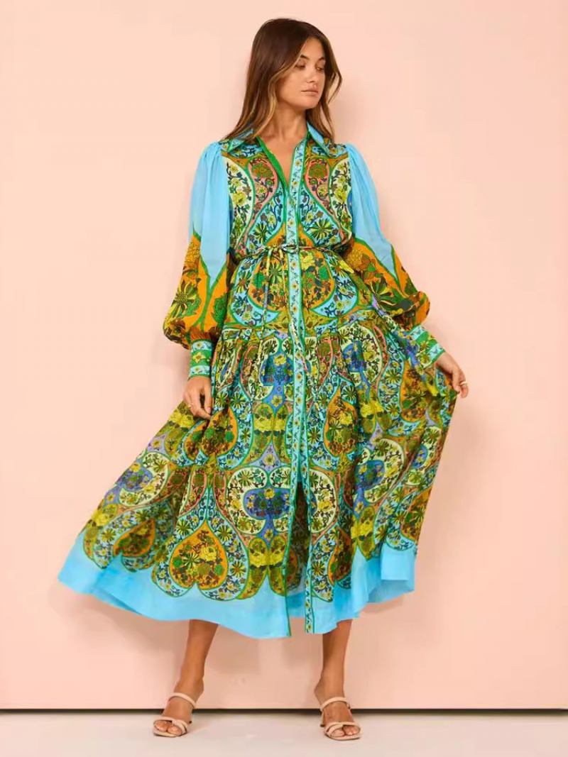 Vestidos Camisa Femininos Estampados Mangas Lanterna Maxi Casuais Inspirados No Boho - Verde