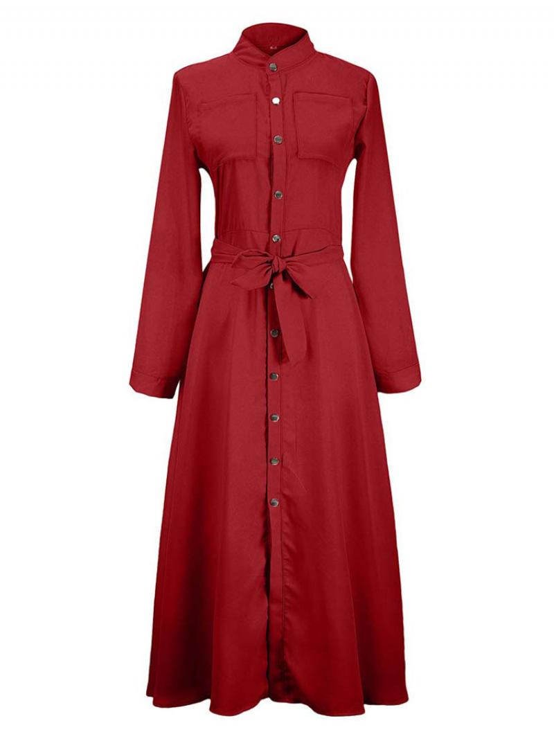 Vestidos Maxi Femininos Cintura Alta Gola Botões Mangas Compridas Até O Chão Vestido Camisa - Vermelho