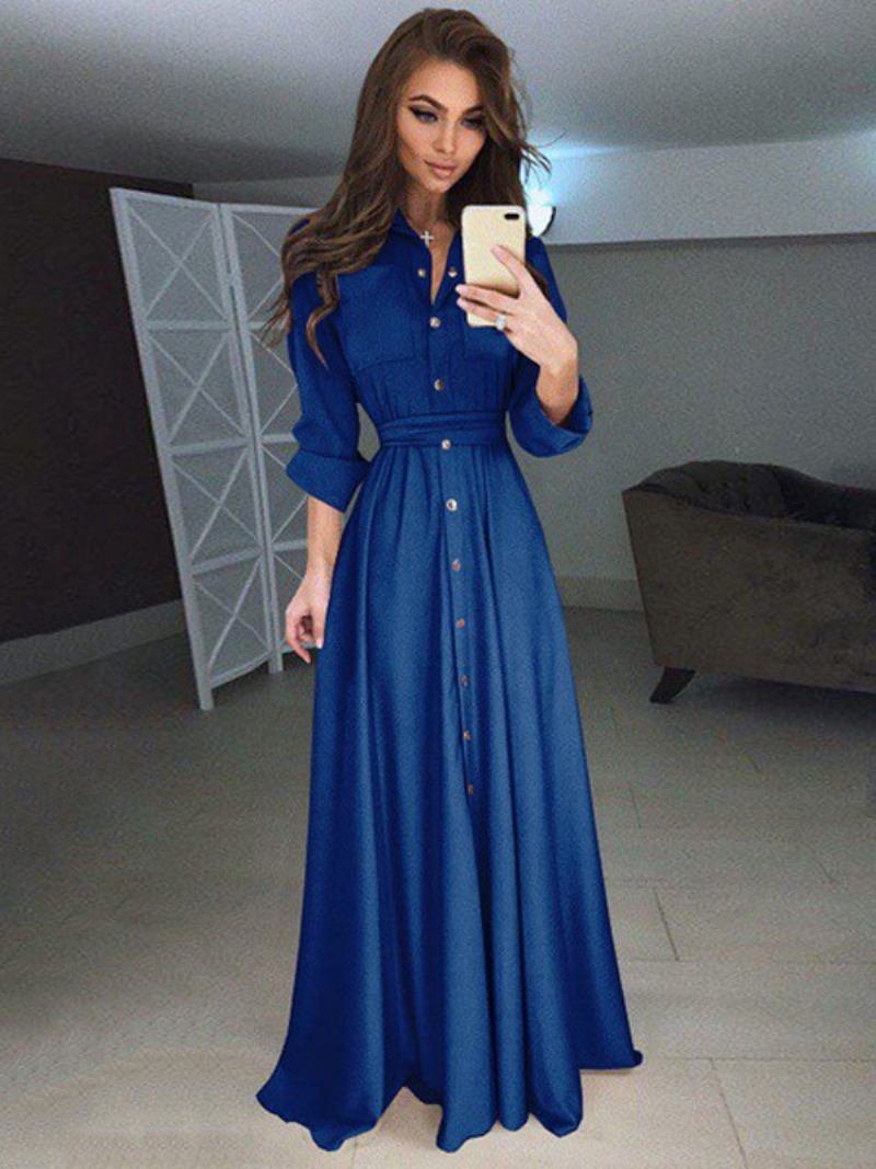 Vestidos Maxi Femininos Cintura Alta Gola Botões Mangas Compridas Até O Chão Vestido Camisa - Azul