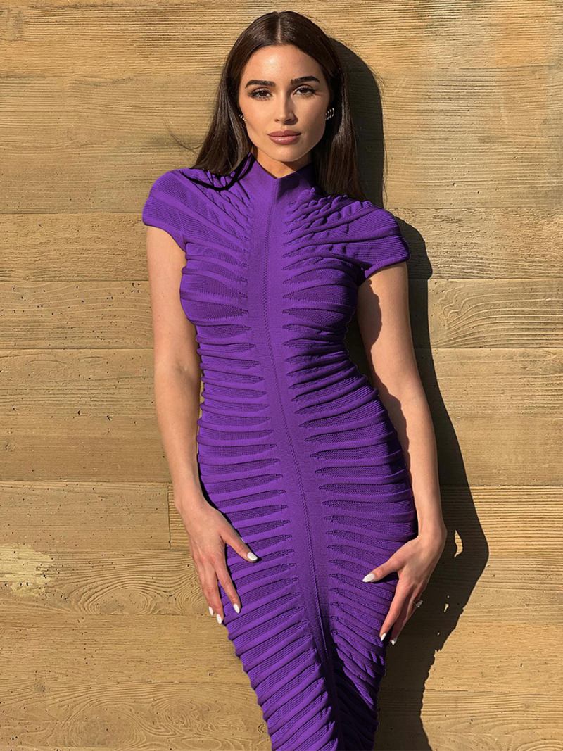 Vestido Feminino Transparente Bodycon Manga Curta Franzido Vestidos Maxi Noturnos - Roxo