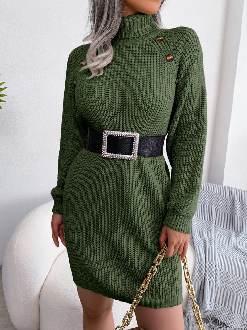 Vestido Malha Para Mulheres Elegantes Botões Acrílicos Mangas Compridas Gola Alta Vestidos Inverno - Verde Caçador