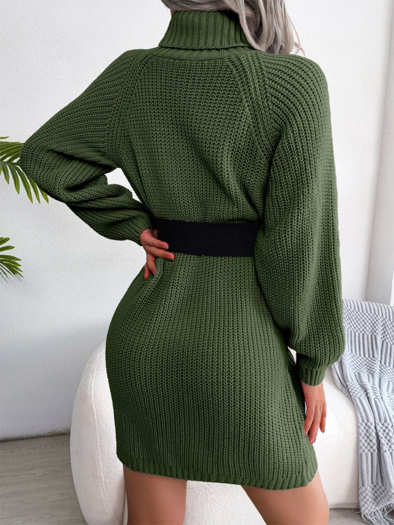 Vestido Malha Para Mulheres Elegantes Botões Acrílicos Mangas Compridas Gola Alta Vestidos Inverno - Verde Caçador