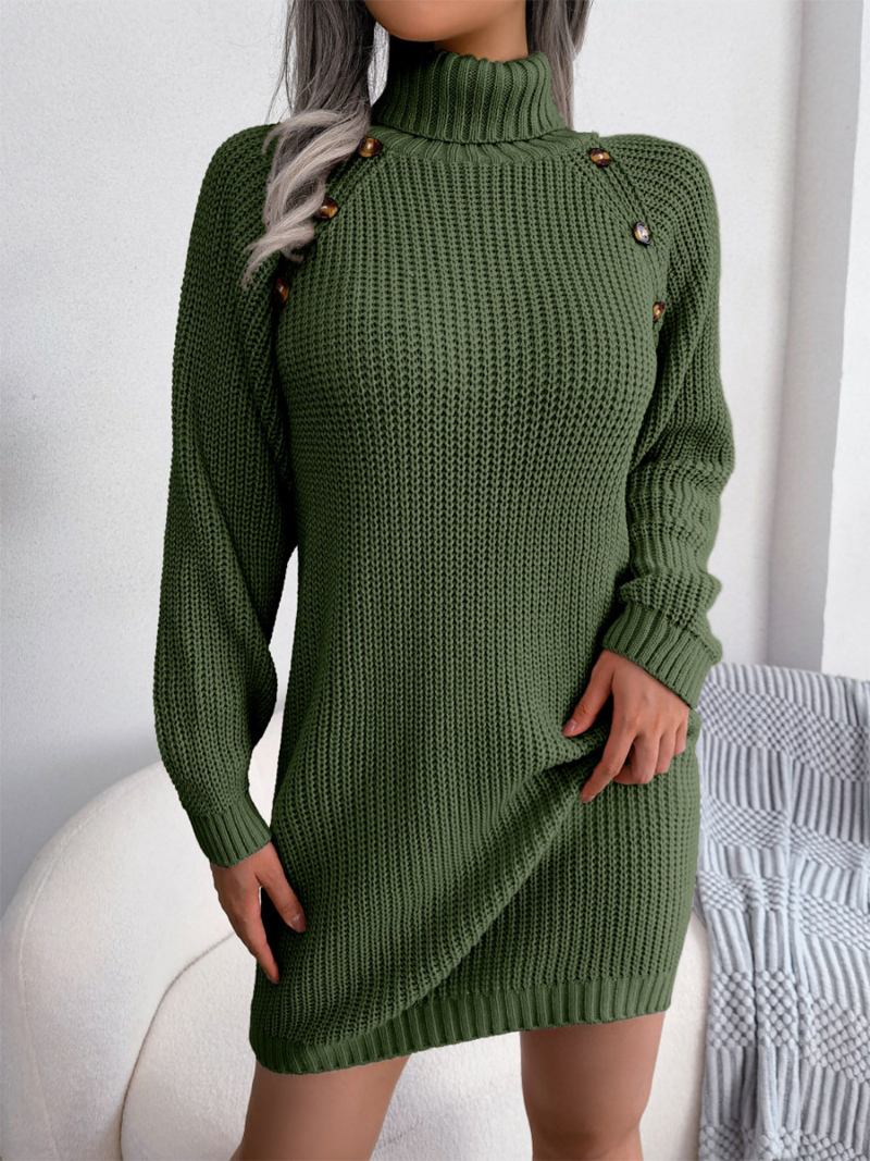 Vestido Malha Para Mulheres Elegantes Botões Acrílicos Mangas Compridas Gola Alta Vestidos Inverno - Verde Caçador