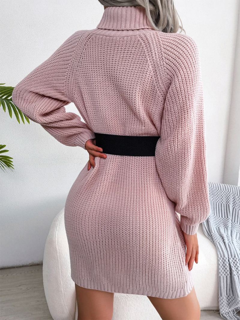 Vestido Malha Para Mulheres Elegantes Botões Acrílicos Mangas Compridas Gola Alta Vestidos Inverno - Rosa