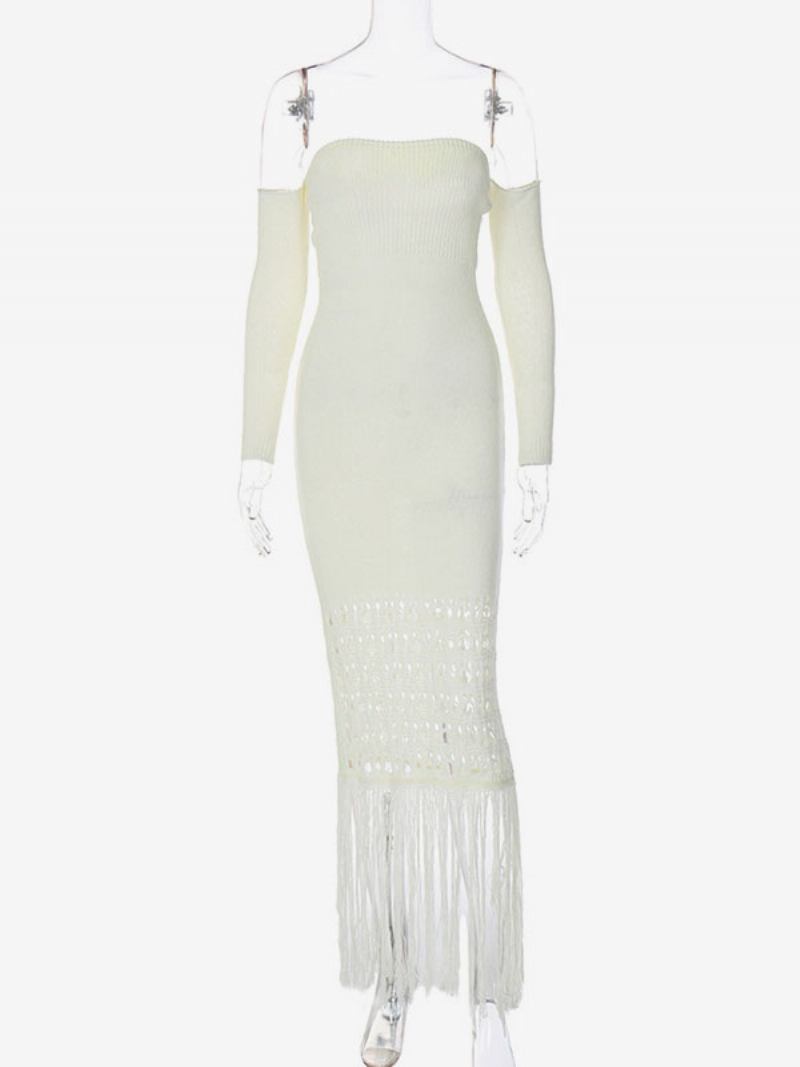 Vestido Maxi Feminino Com Gola Bateau E Mangas Compridas Sexy Até O Chão - Branco