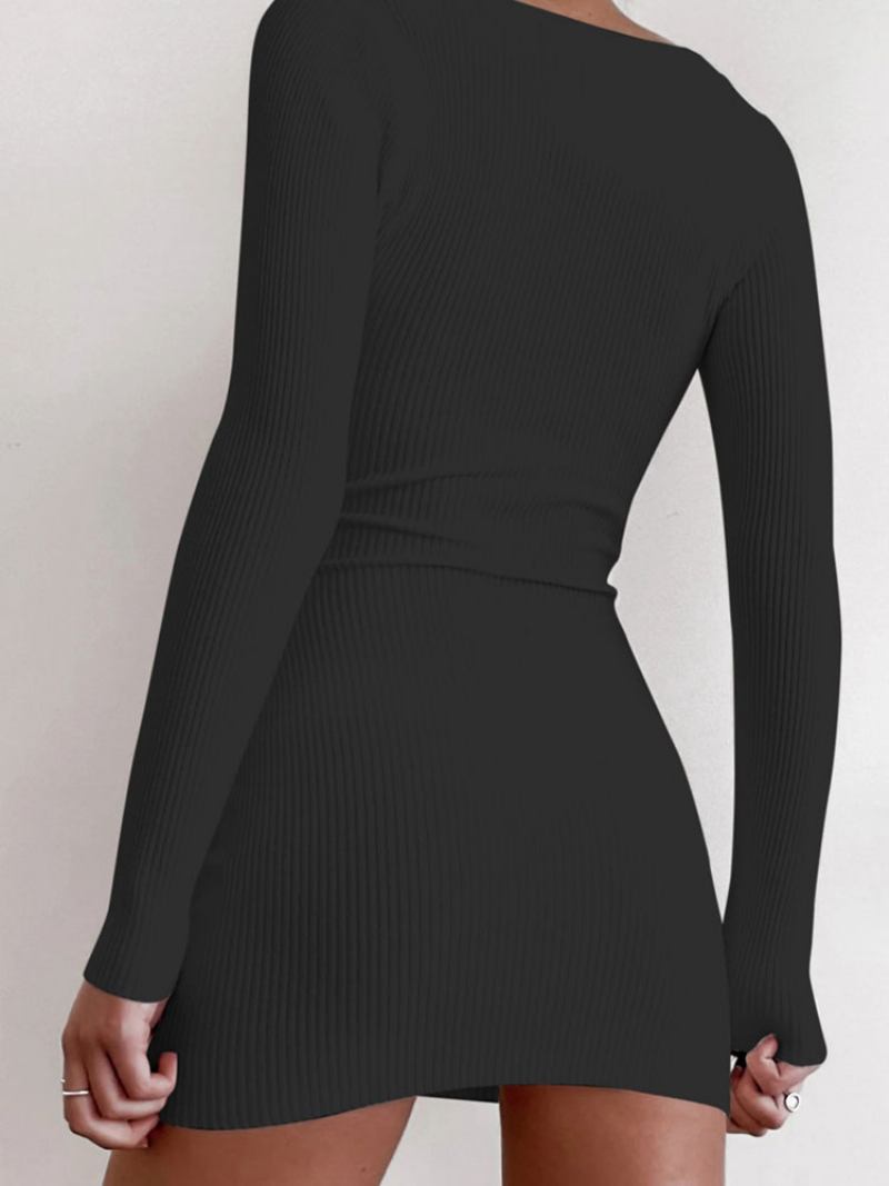 Vestidos Suéter Femininos Brancos Com Decote Em V Bodycon Casuais Mangas Compridas Vestido Lápis Malha - Preto