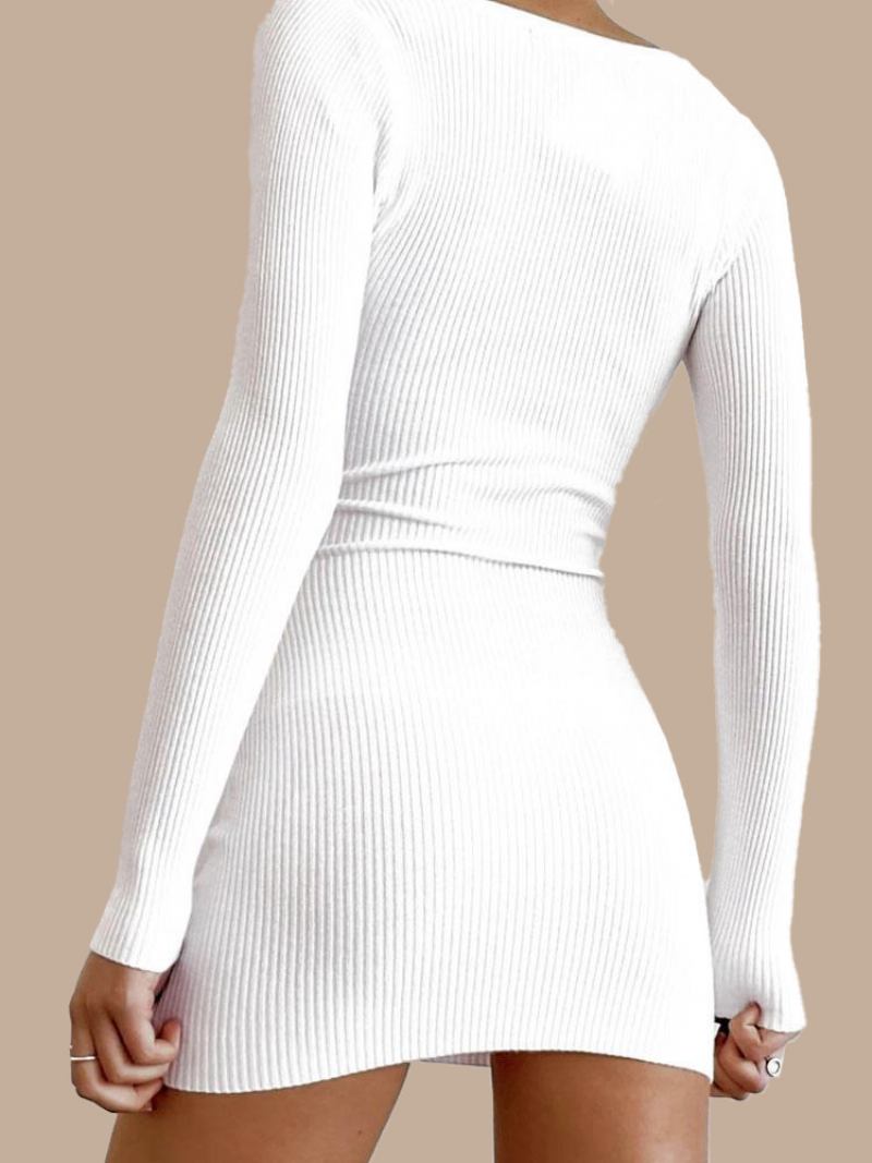 Vestidos Suéter Femininos Brancos Com Decote Em V Bodycon Casuais Mangas Compridas Vestido Lápis Malha - Branco