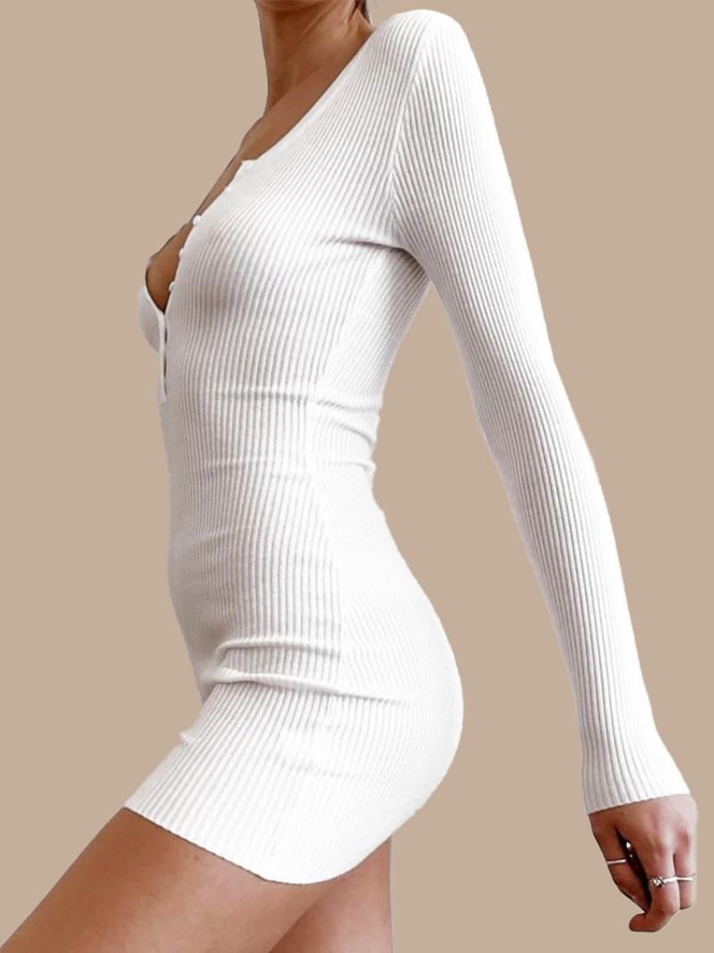 Vestidos Suéter Femininos Brancos Com Decote Em V Bodycon Casuais Mangas Compridas Vestido Lápis Malha - Branco