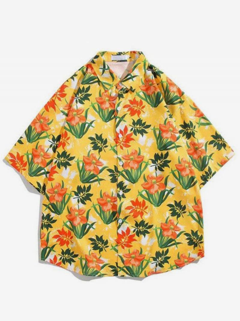 Camisa Casual Masculina Chique Estampada Camisas Masculinas Verdes - Amarelo