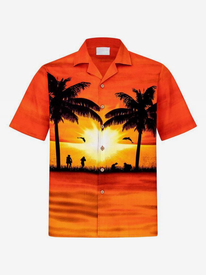 Camisa Casual Masculina Chique Estampada Laranja Vermelha Camisas Masculinas