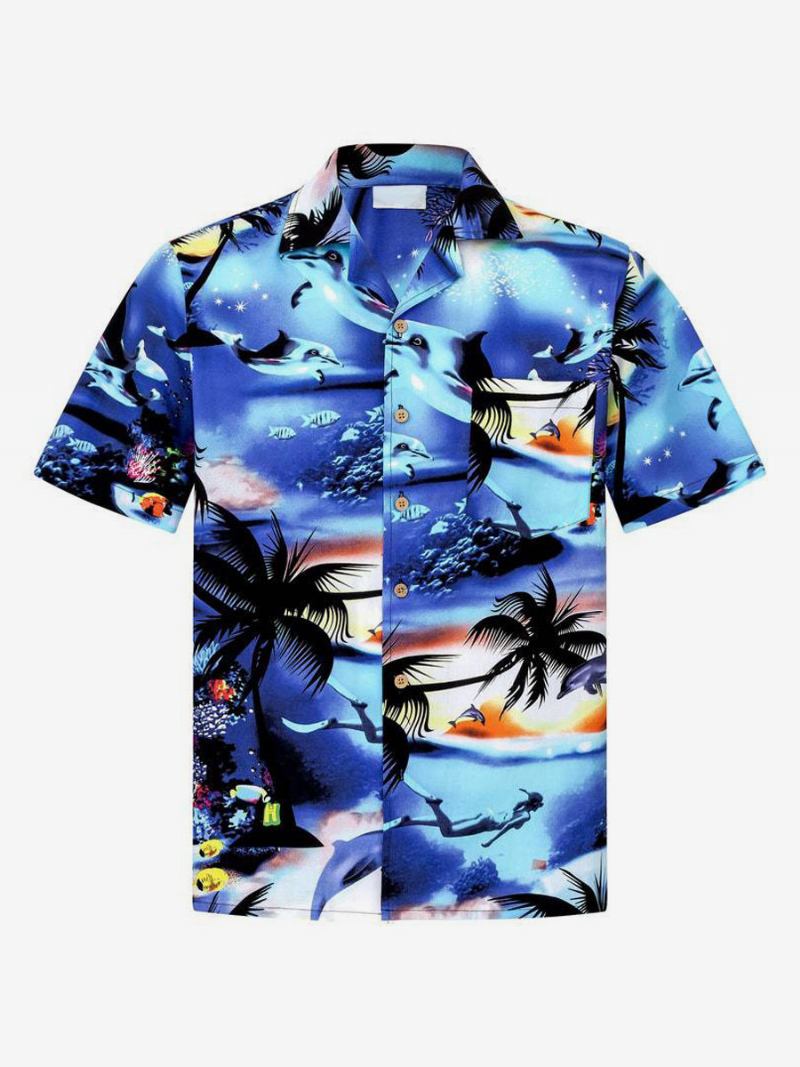 Camisa Casual Masculina Chique Estampada Laranja Vermelha Camisas Masculinas - Azul