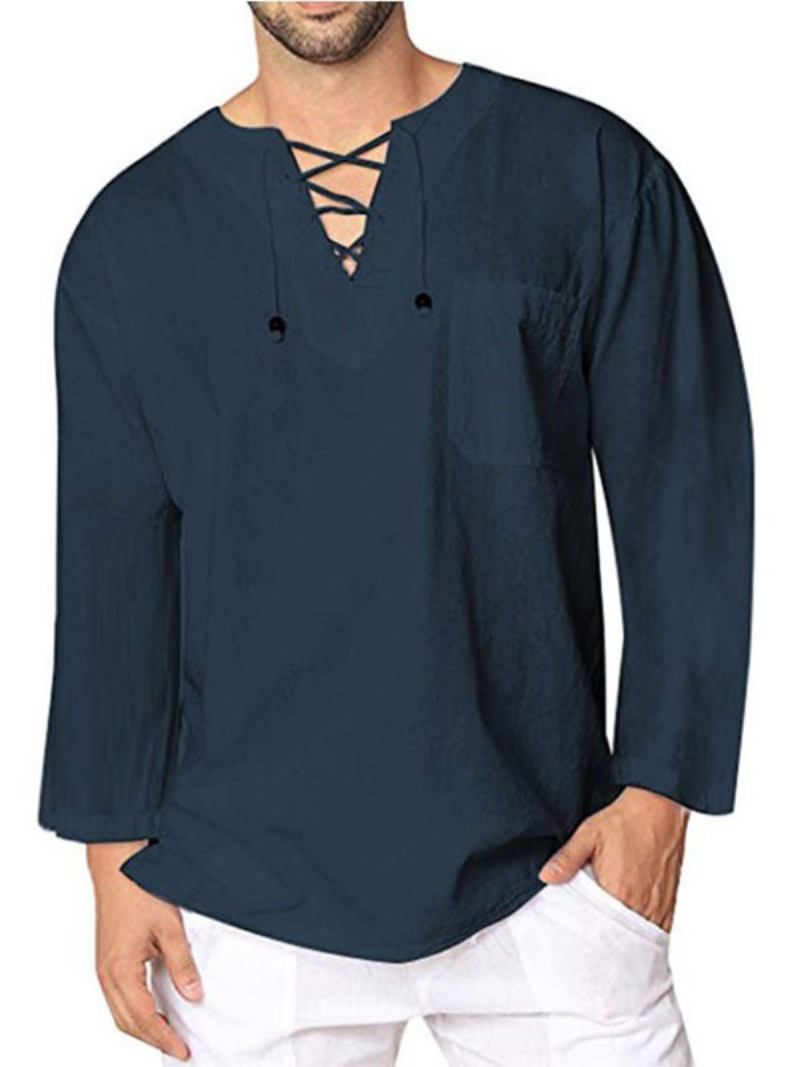 Camisa Casual Masculina Com Decote Em V Camisas Masculinas Casuais Azul Marinho Escuro - Marinho Escuro