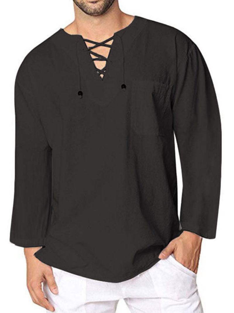 Camisa Casual Masculina Com Decote Em V Camisas Masculinas Casuais Azul Marinho Escuro - Preto