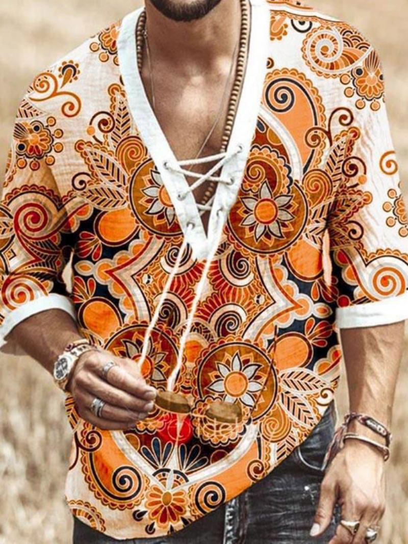 Camisa Casual Masculina Com Gola Aberta Chique Estampada Cáqui Camisas Masculinas - Laranja