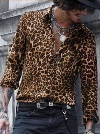 Camisa Casual Masculina Com Gola Redonda Simples Oversized Estampa Leopardo Café Marrom Camisas Masculinas