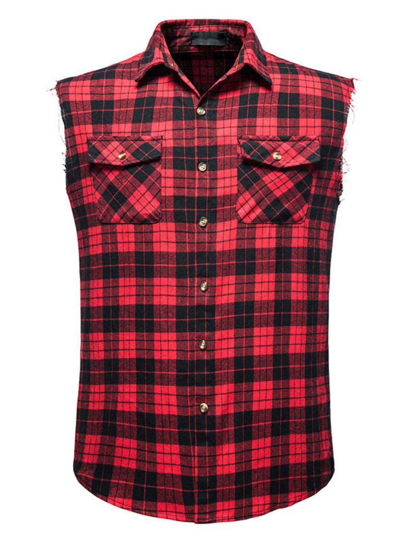 Camisa Casual Masculina Com Gola Redonda Xadrez Camisas Masculinas Vermelhas - Vermelho