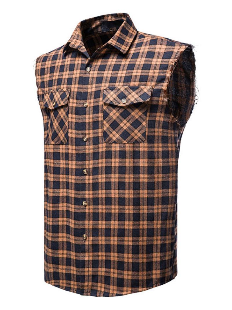 Camisa Casual Masculina Com Gola Redonda Xadrez Camisas Masculinas Vermelhas - Castanho Café