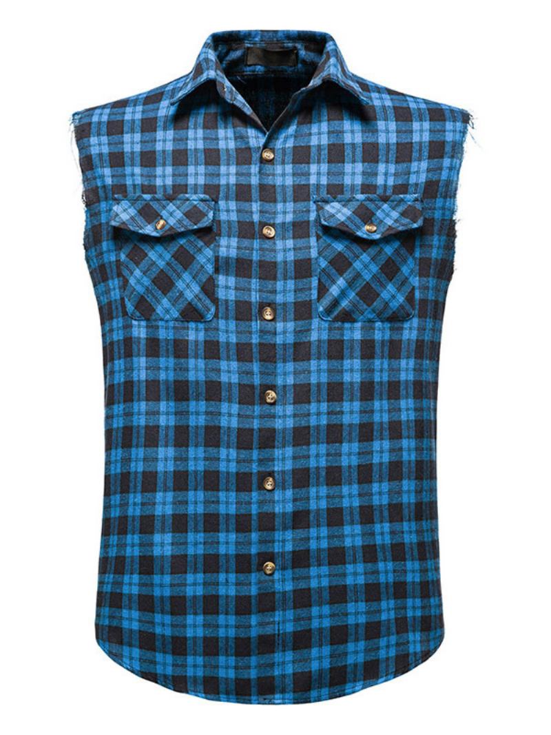 Camisa Casual Masculina Com Gola Redonda Xadrez Camisas Masculinas Vermelhas - Azul