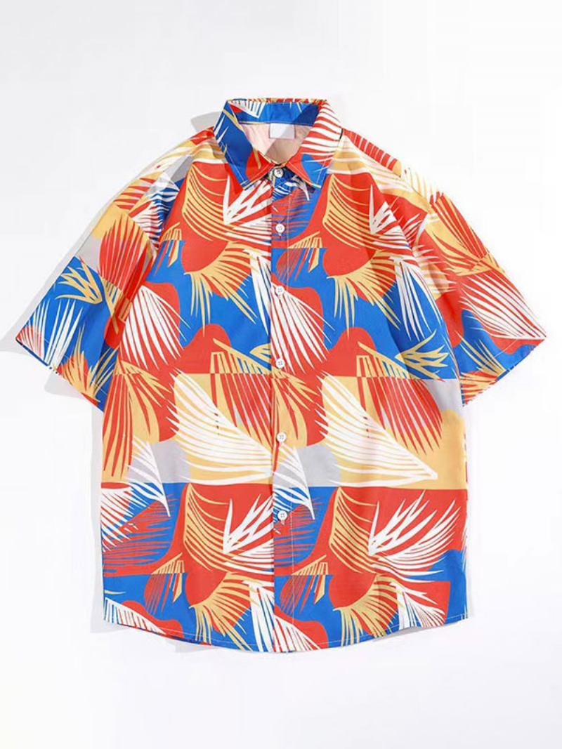 Camisa Casual Masculina Confortável Estampada Azul Céu Claro Camisas Masculinas - Vermelho Laranja