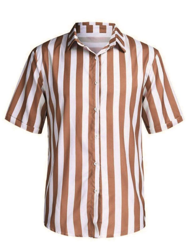 Camisa Casual Masculina Gola Aberta Chique Listras Camisas Masculinas Vermelhas - Castanho Café