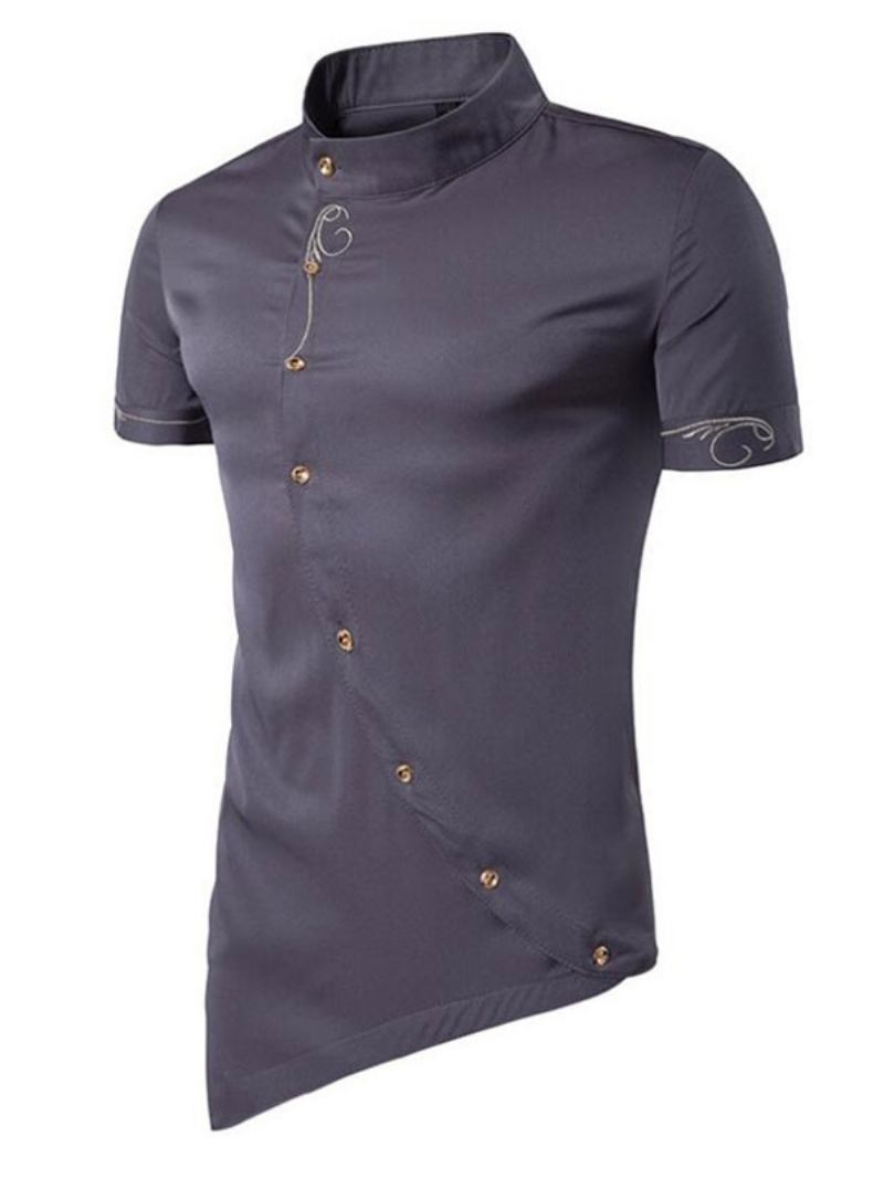 Camisa Casual Masculina Gola Geométrica Azul Céu Claro Camisas Masculinas - Cinza