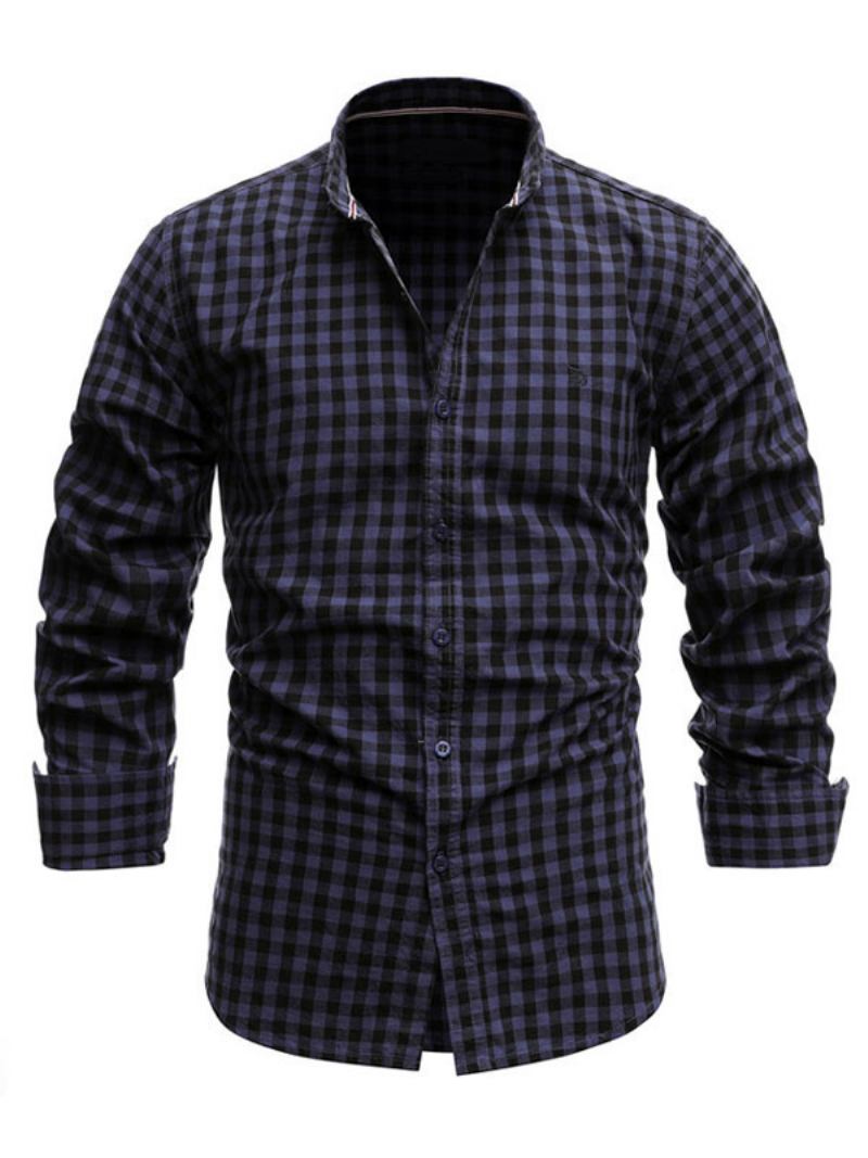 Camisa Casual Masculina Gola Redonda Chique Xadrez Camisas Masculinas Vermelhas - Marinho Escuro