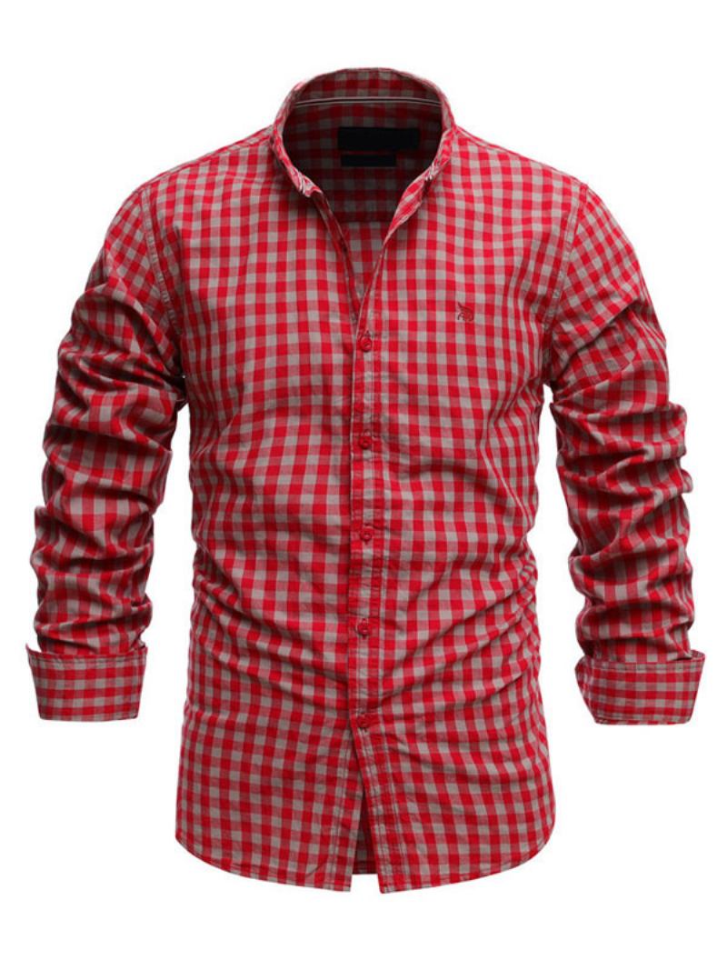 Camisa Casual Masculina Gola Redonda Chique Xadrez Camisas Masculinas Vermelhas - Vermelho