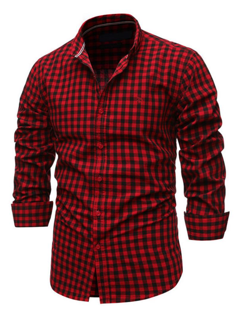 Camisa Casual Masculina Gola Redonda Chique Xadrez Camisas Masculinas Vermelhas - Borgonha