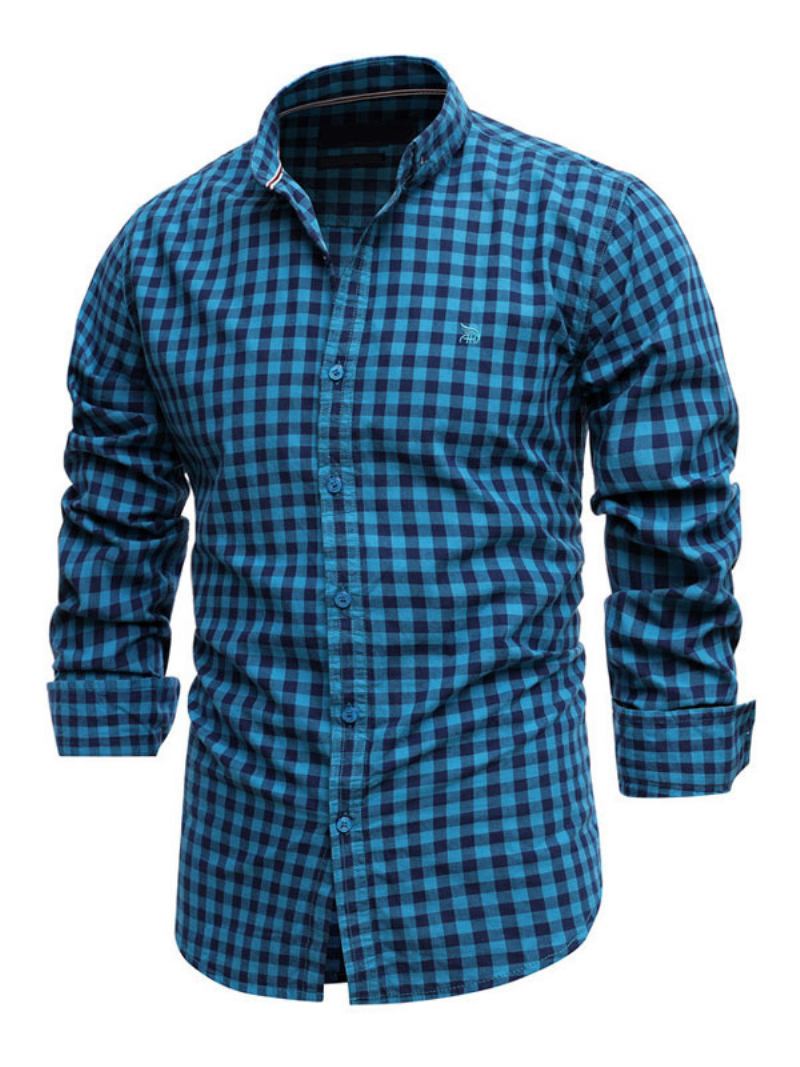 Camisa Casual Masculina Gola Redonda Chique Xadrez Camisas Masculinas Vermelhas - Azul