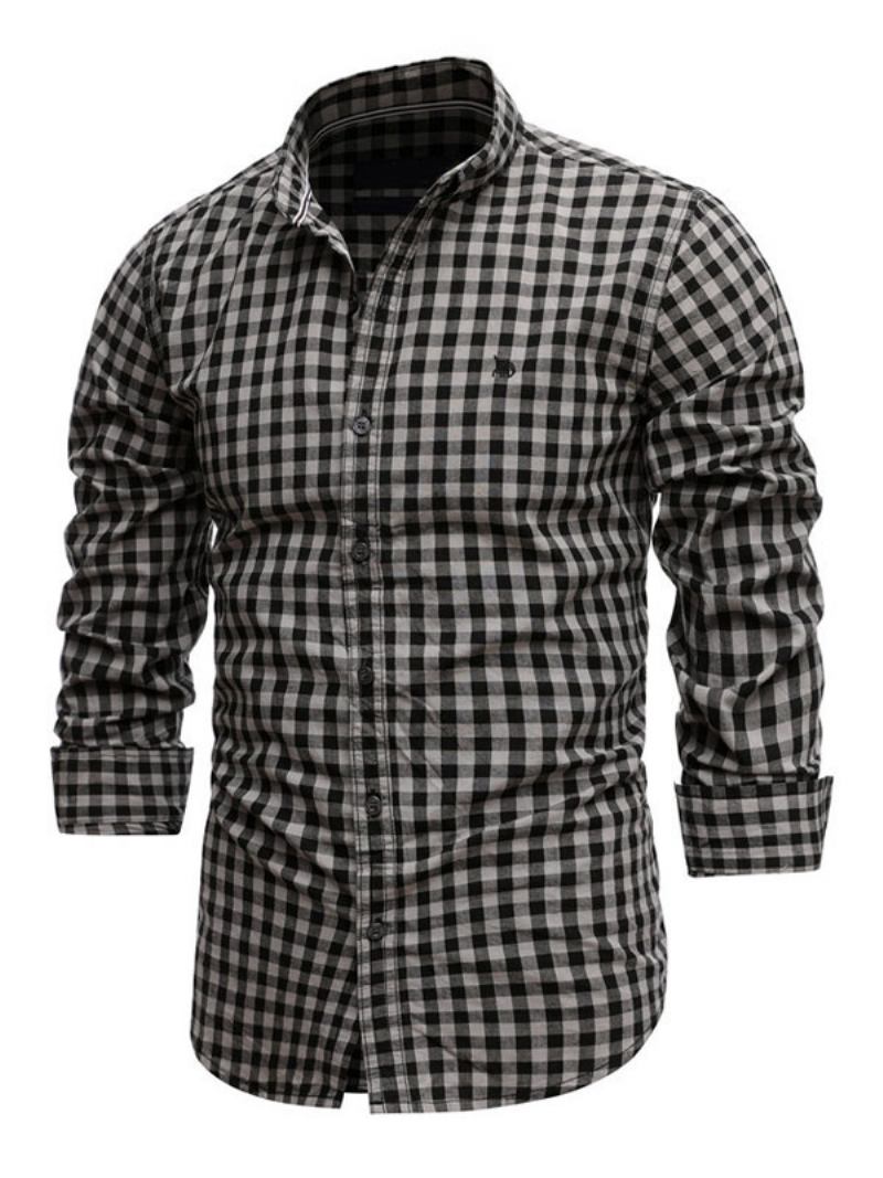 Camisa Casual Masculina Gola Redonda Chique Xadrez Camisas Masculinas Vermelhas - Preto