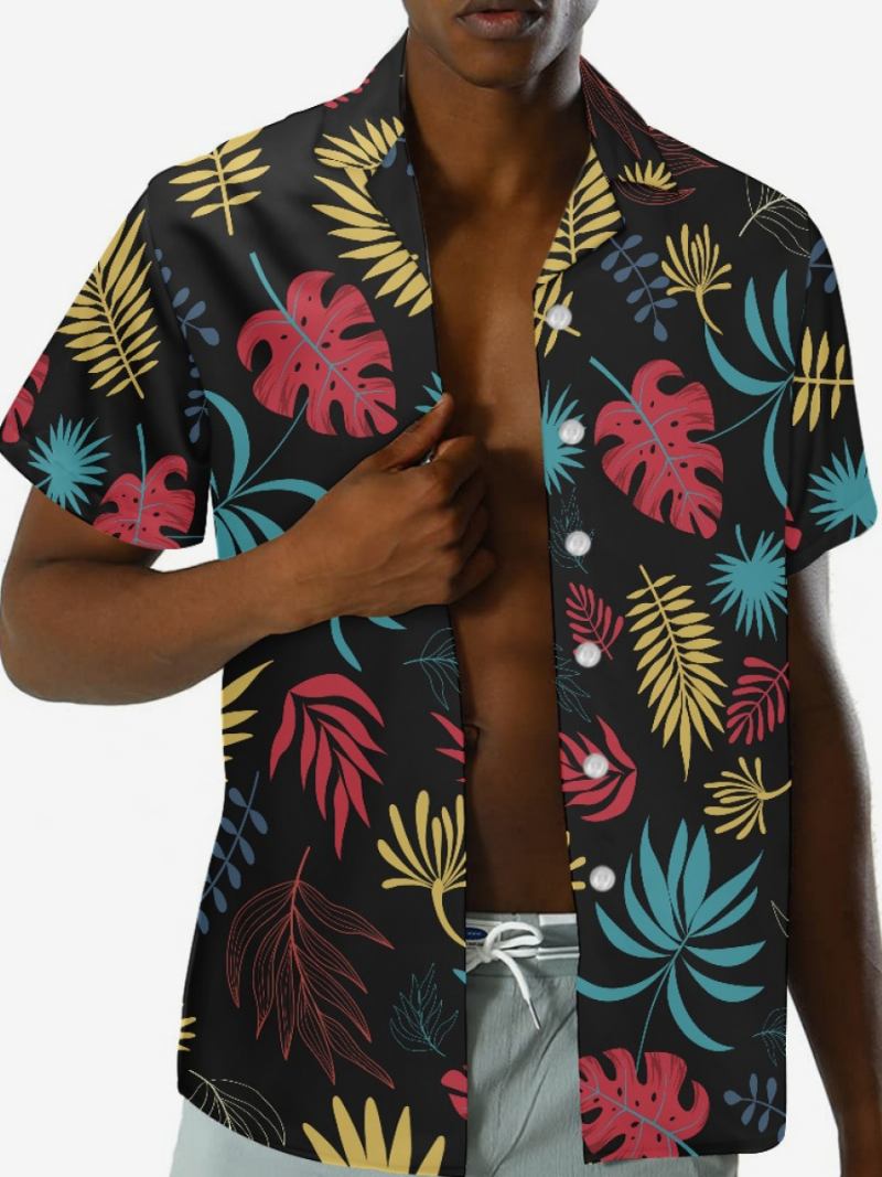 Camisa Casual Masculina Manga Curta Preta Tropical Estampada Havaiana