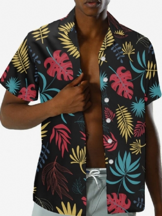 Camisa Casual Masculina Manga Curta Preta Tropical Estampada Havaiana