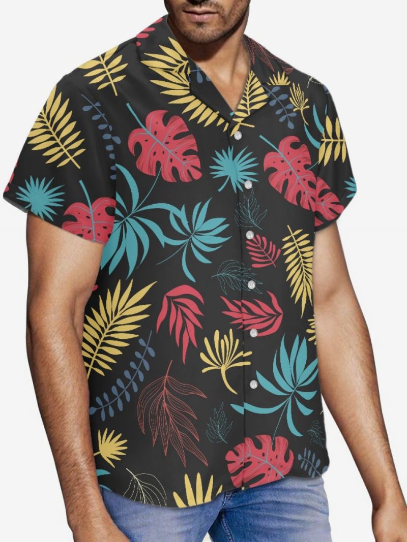 Camisa Casual Masculina Manga Curta Preta Tropical Estampada Havaiana - Preto