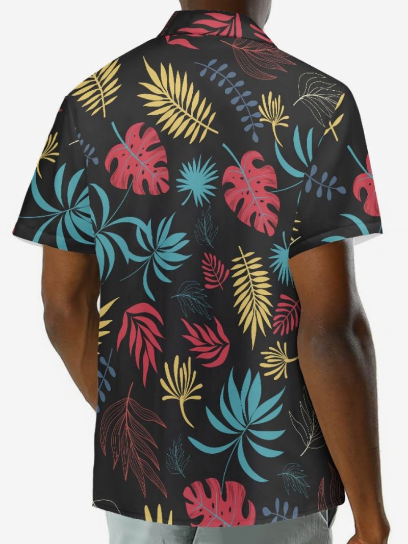 Camisa Casual Masculina Manga Curta Preta Tropical Estampada Havaiana - Preto