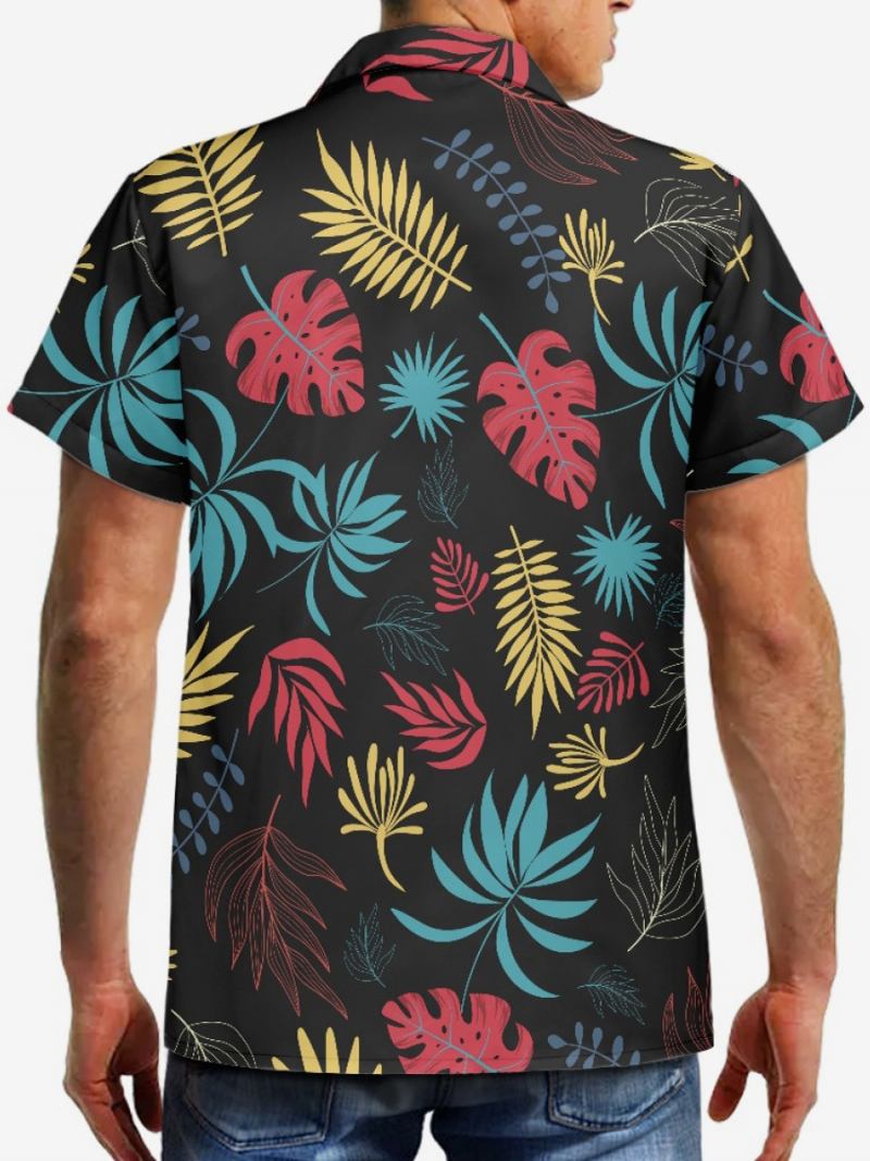 Camisa Casual Masculina Manga Curta Preta Tropical Estampada Havaiana - Preto