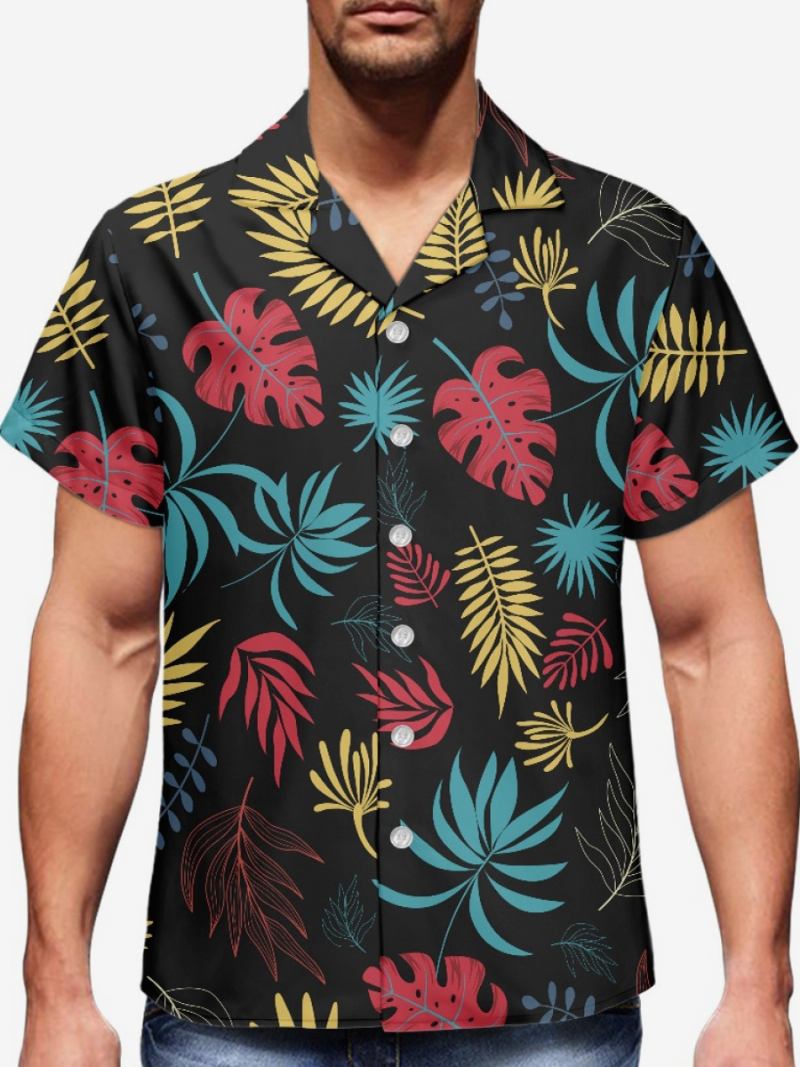 Camisa Casual Masculina Manga Curta Preta Tropical Estampada Havaiana - Preto