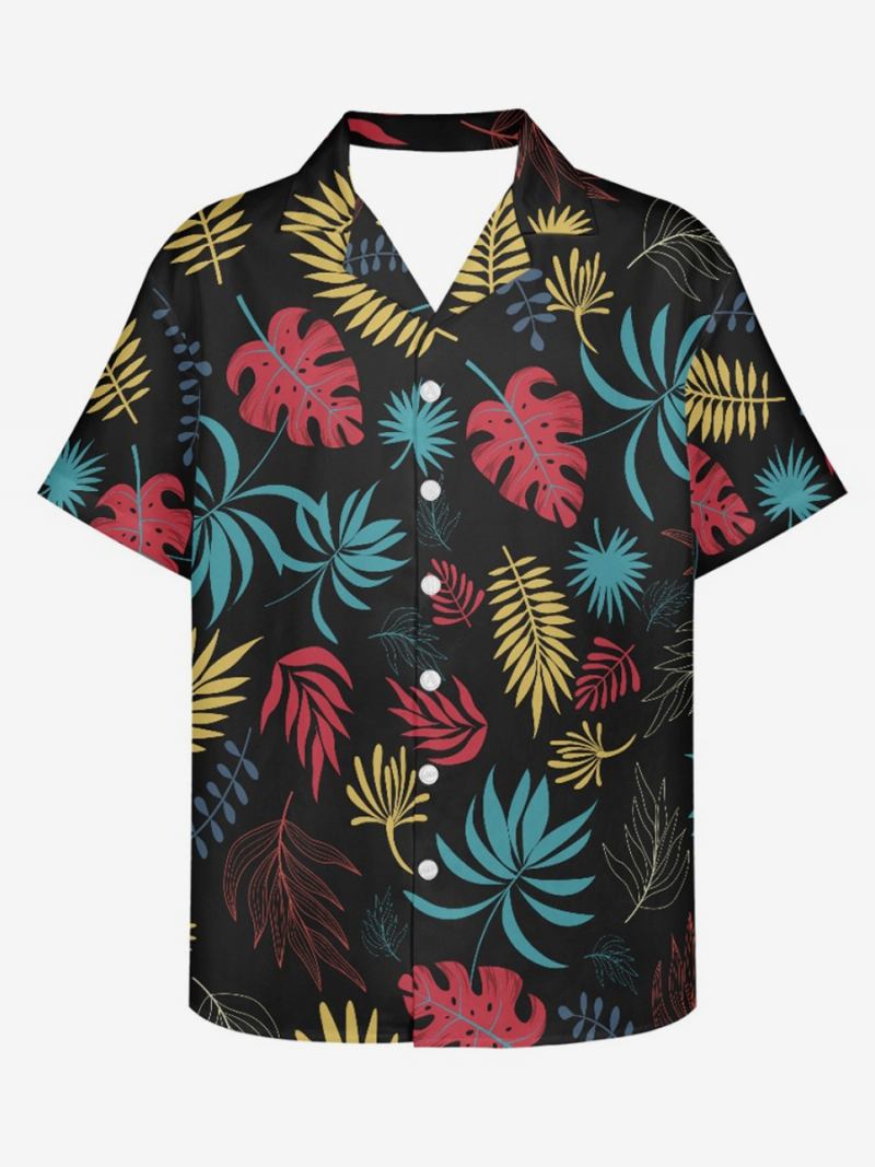 Camisa Casual Masculina Manga Curta Preta Tropical Estampada Havaiana - Preto