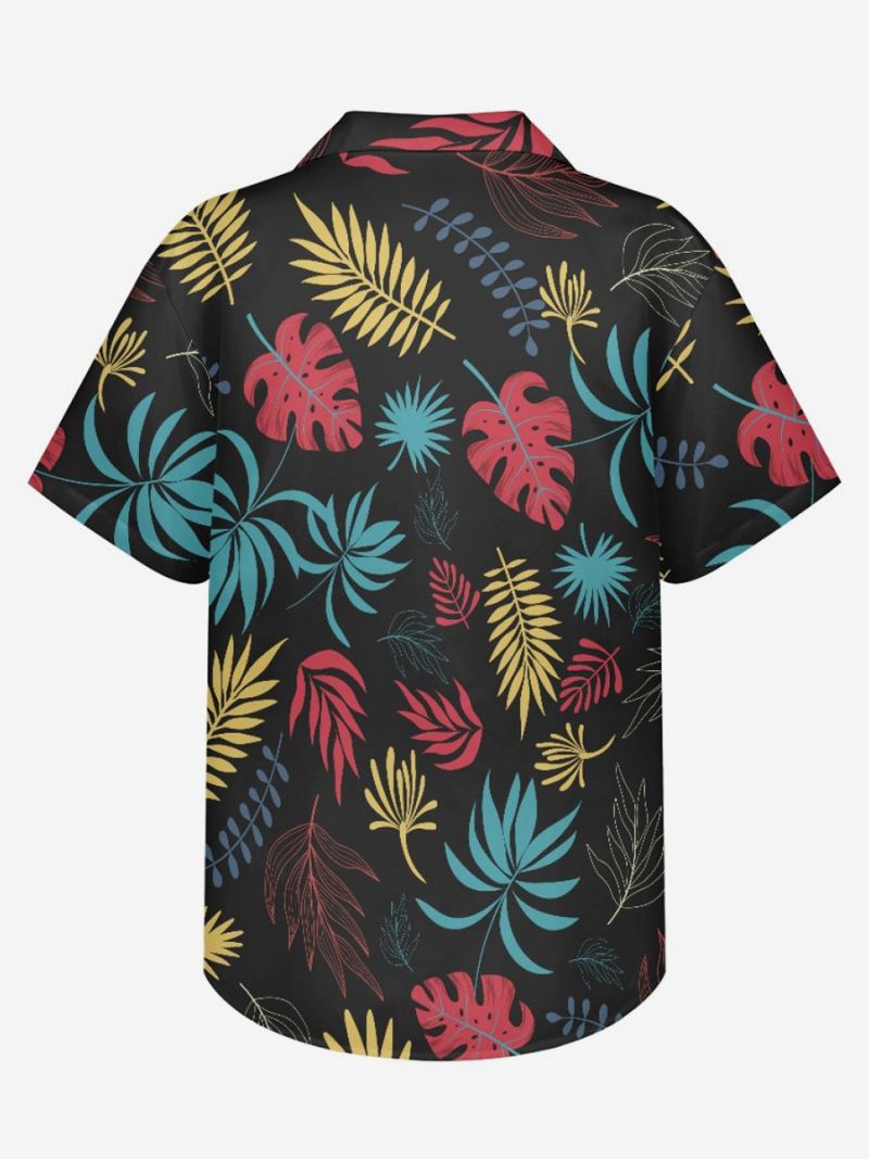 Camisa Casual Masculina Manga Curta Preta Tropical Estampada Havaiana - Preto