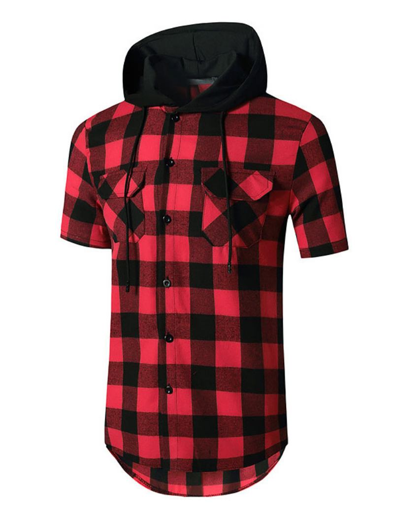 Camisa Casual Para Homens Com Capuz Xadrez Camisas Masculinas Vermelhas - Vermelho