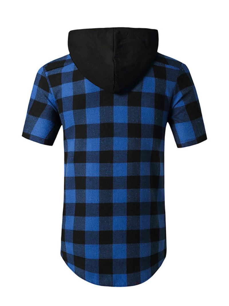 Camisa Casual Para Homens Com Capuz Xadrez Camisas Masculinas Vermelhas - Azul