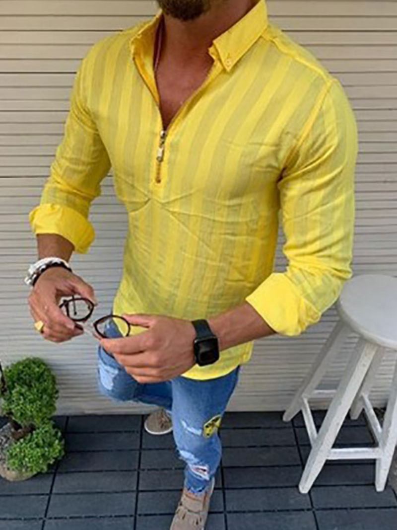 Camisa Casual Para Homens Com Gola Aberta Camisas Masculinas Brancas Casuais - Amarelo