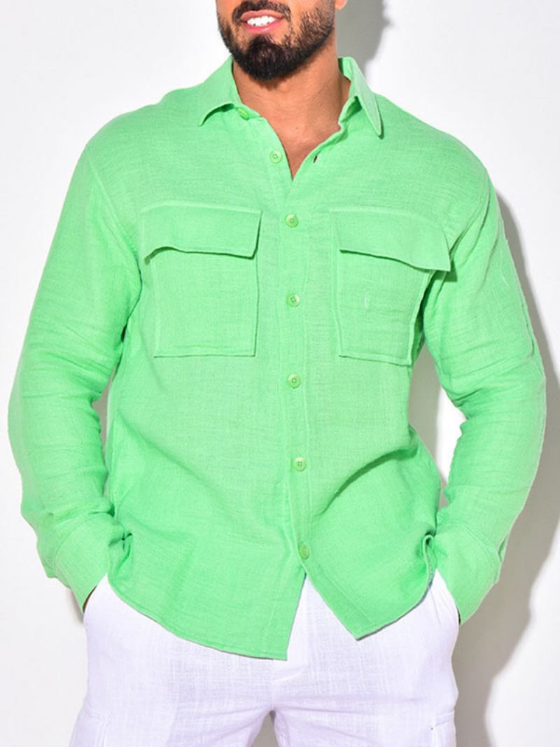 Camisa Casual Para Homens Com Gola Aberta Chique Camisas Masculinas Brancas - Verde