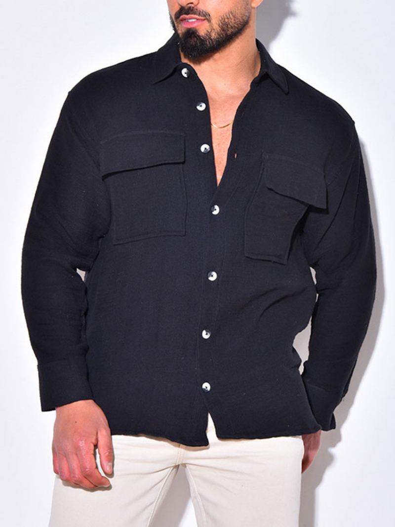 Camisa Casual Para Homens Com Gola Aberta Chique Camisas Masculinas Brancas - Preto