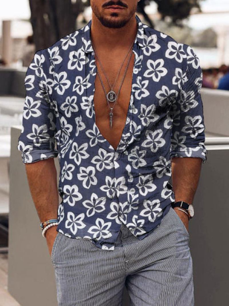 Camisa Casual Para Homens Com Gola Aberta Estampada Camisas Masculinas Azul Marinho Escuro